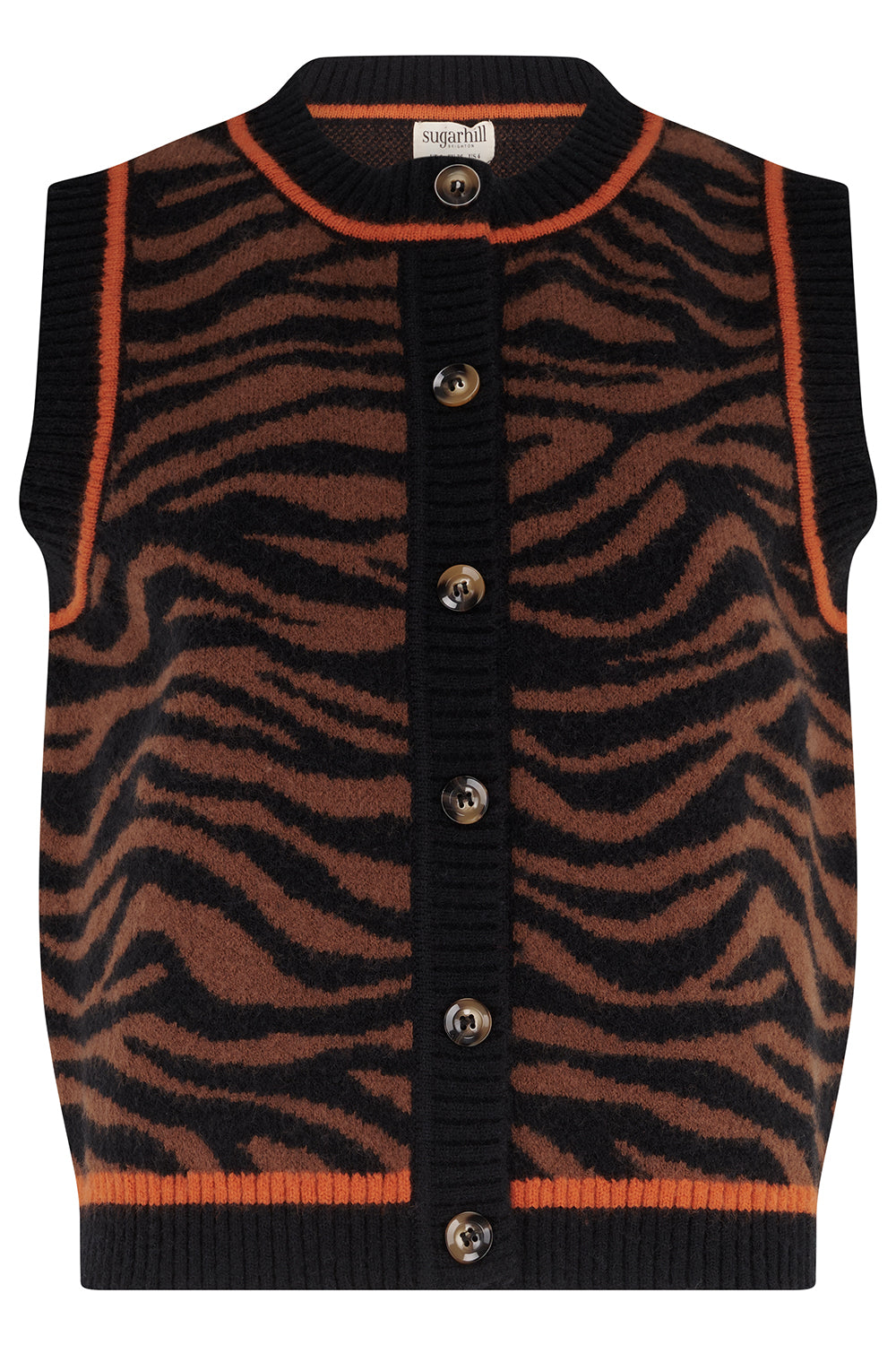 Zebra patterned vest with buttons on a white background