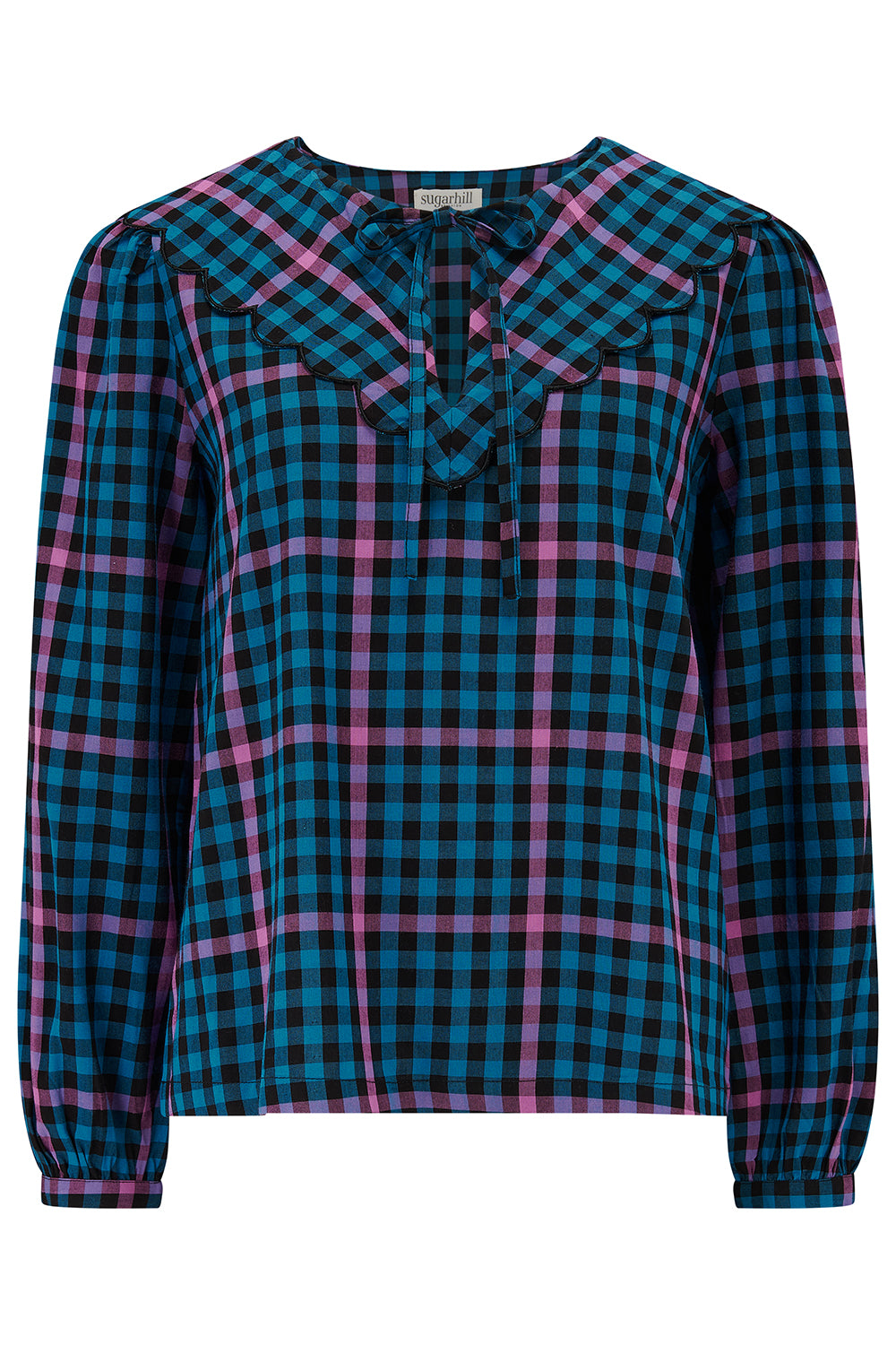 Sugarhill Brighton blue and pink plaid shirt on a white background