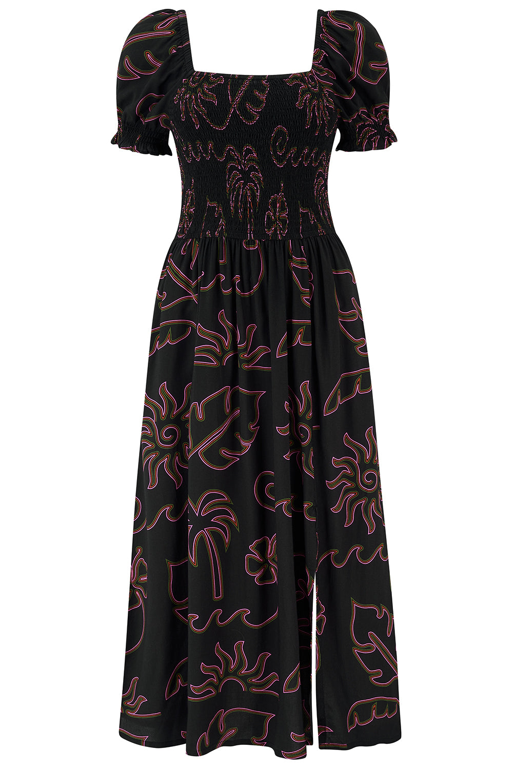 Black dress with pink floral pattern on a white background