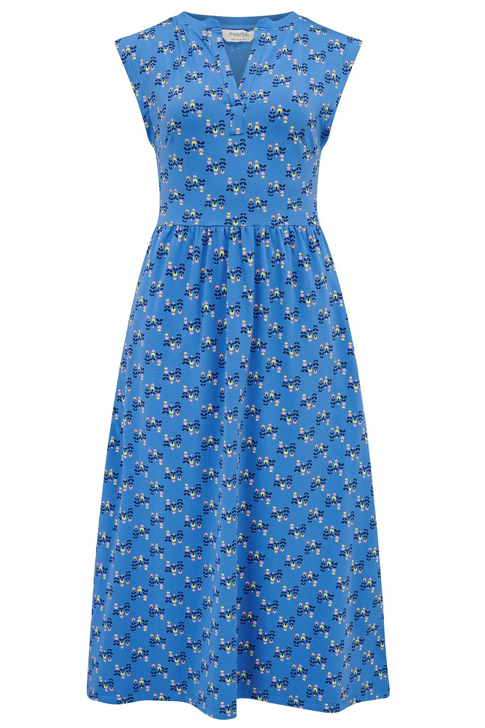 Blue dress with floral pattern on a white background