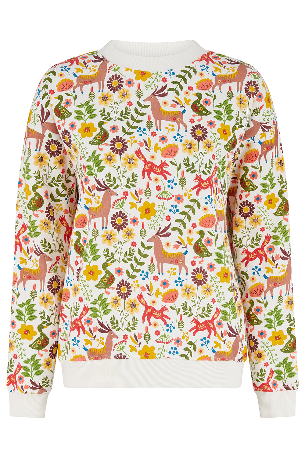 A long-sleeve crewneck sweatshirt featuring a dense, colorful forest pattern with deer, flowers, and leaves on an off-white background.
