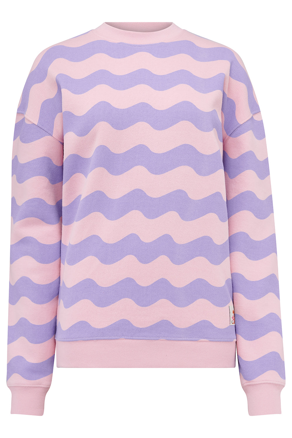 Sweatshirt with pink and purple wavy pattern on a white background