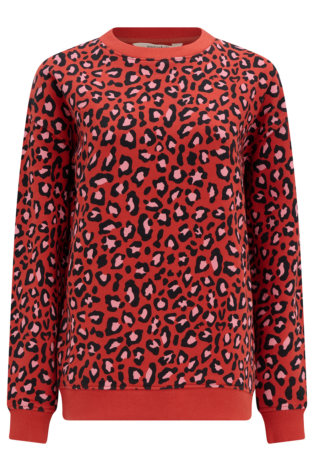 Red sweater with black and pink leopard print on a white background