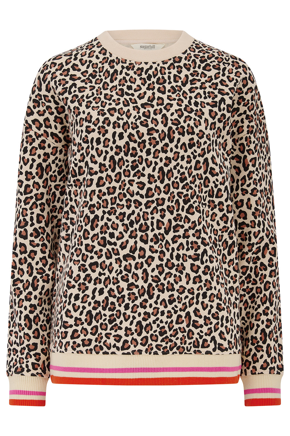 Leopard print sweatshirt with pink and red trim on a white background