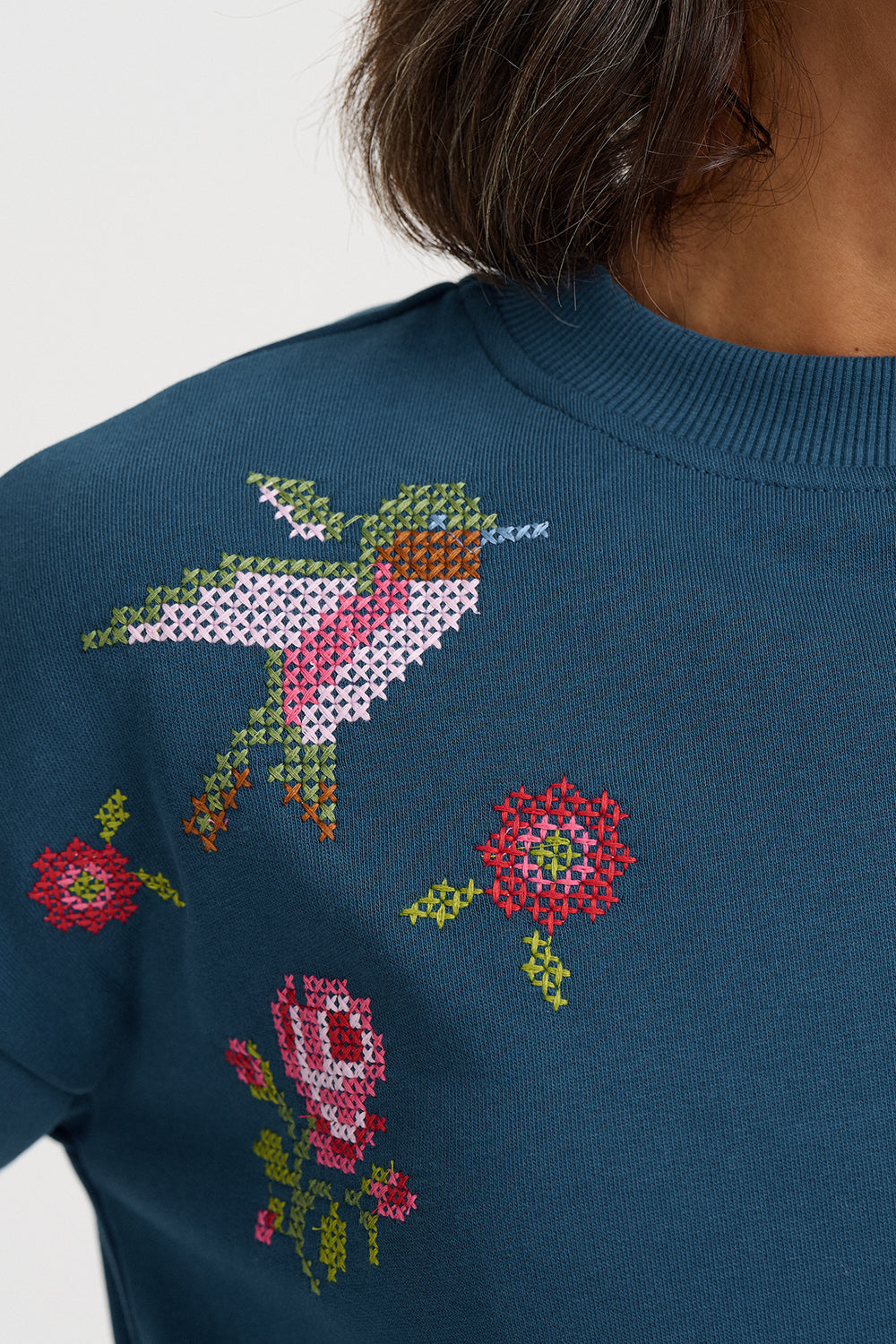 Close-up of a person wearing a dark teal knit sweater with colorful embroidered floral and bird motifs on the chest.