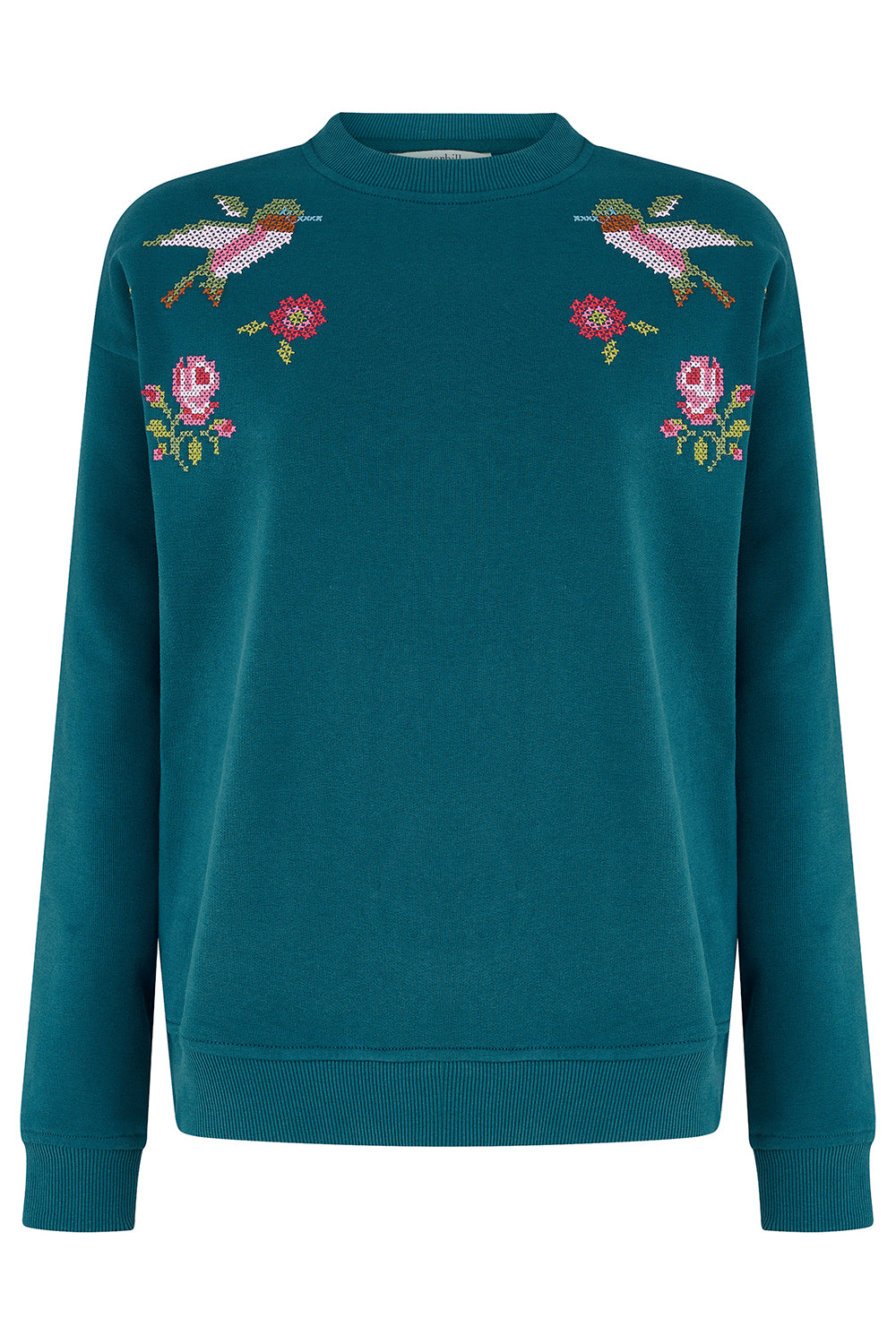 A teal crewneck sweatshirt featuring embroidered hummingbirds and flowers on the chest, displayed against a solid white background.