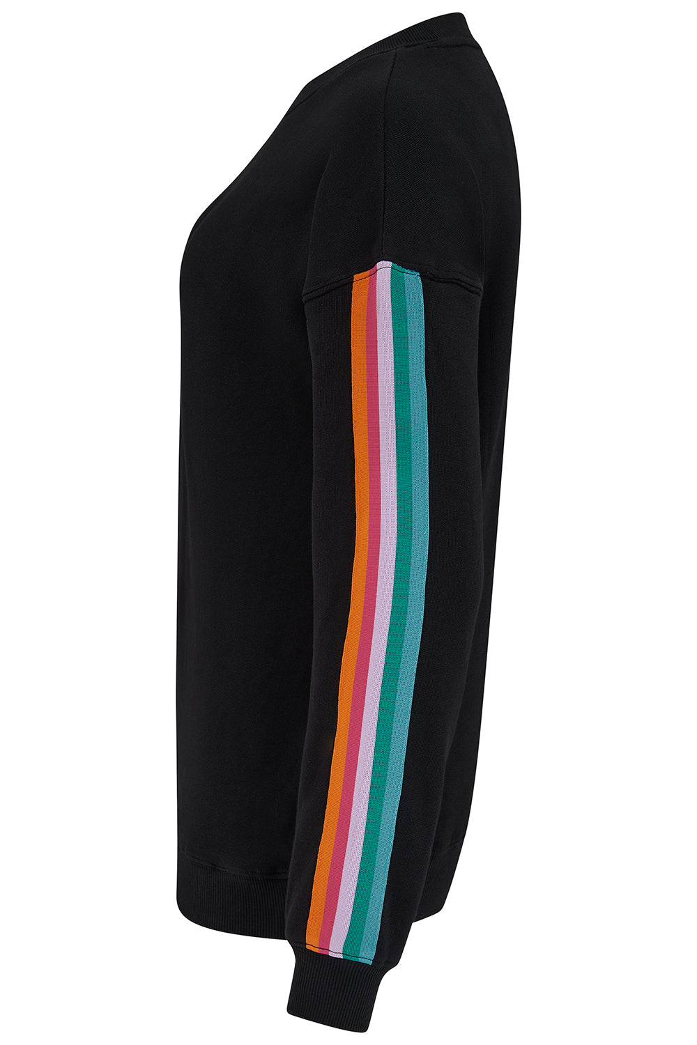 Black sweatshirt with colorful stripes on a white background
