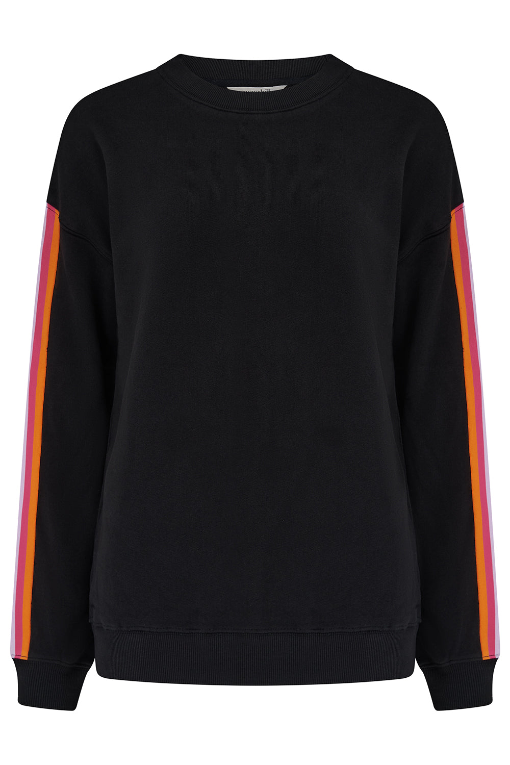 Black sweatshirt with colorful stripes on sleeves against a white background
