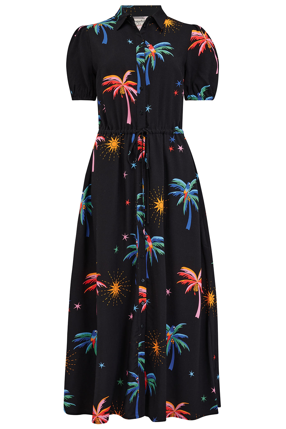 A black maxi shirt dress with a colorful floral pattern featuring palm trees and sunshade motifs.