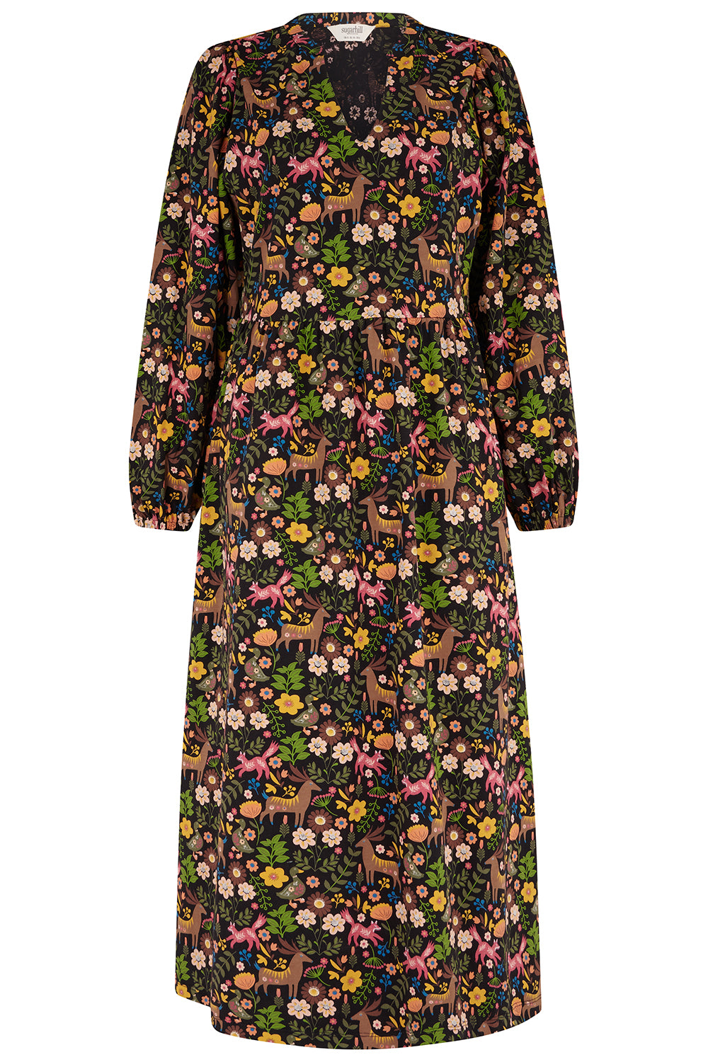 Floral and animal patterned dress on a white background