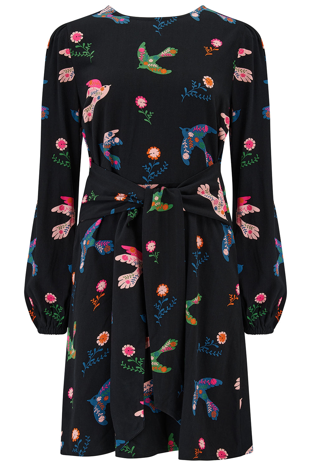 Suagrhill brighton black dress with colorful floral and bird patterns on a white background