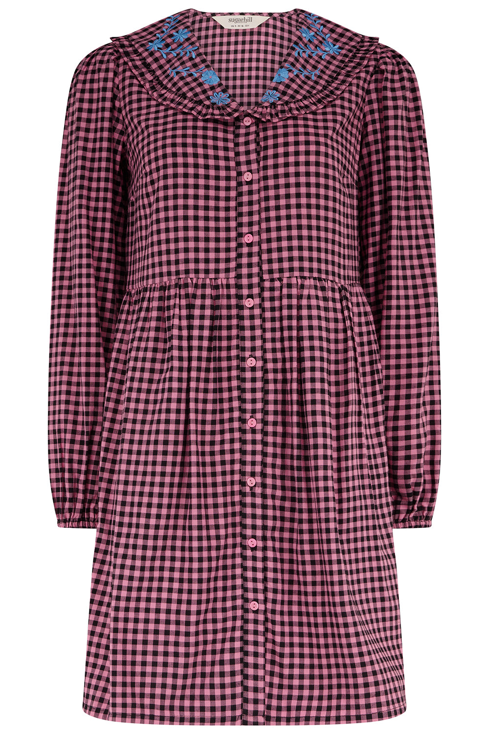 Red and black checkered dress with floral embroidery on a white background