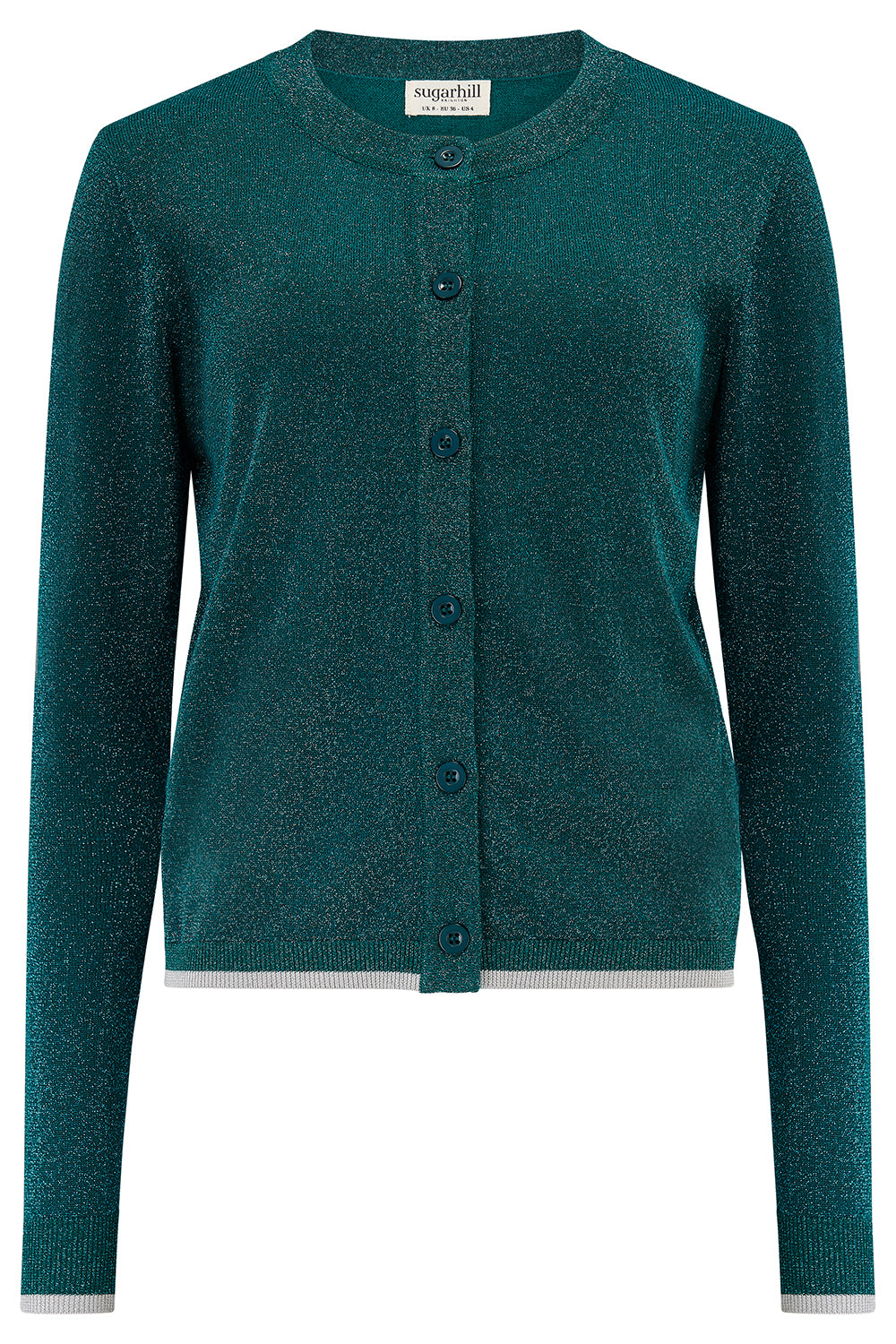 Teal cardigan with buttons on a white background