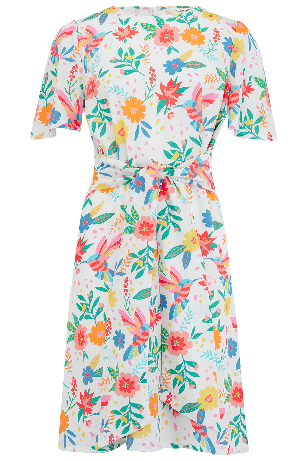 An off-white mini dress with a tropical hummingbird print, featuring a V-neckline, short sleeves, and a waist tie.