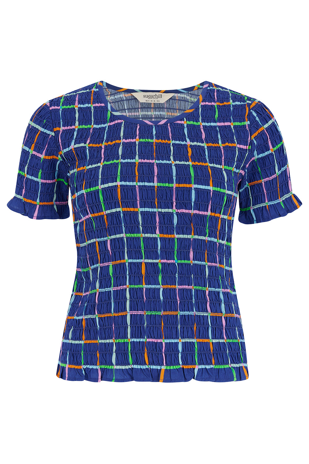 Blue checkered blouse with colorful lines on a white background