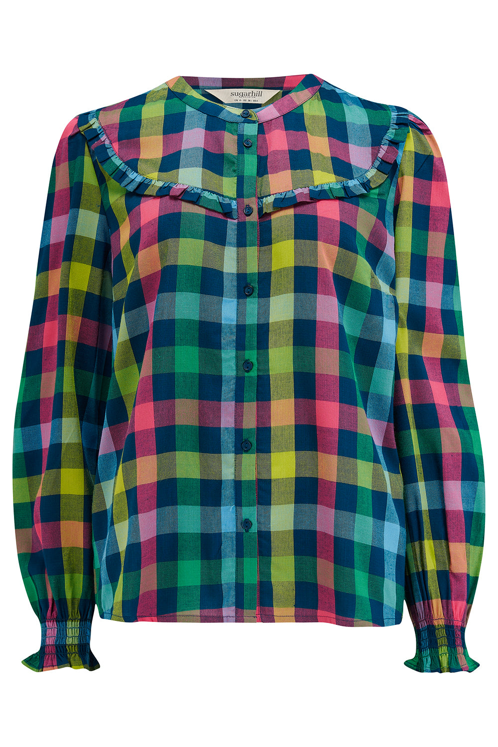 A multicolored checkered shirt with a grandad collar and frill details on the chest and sleeves