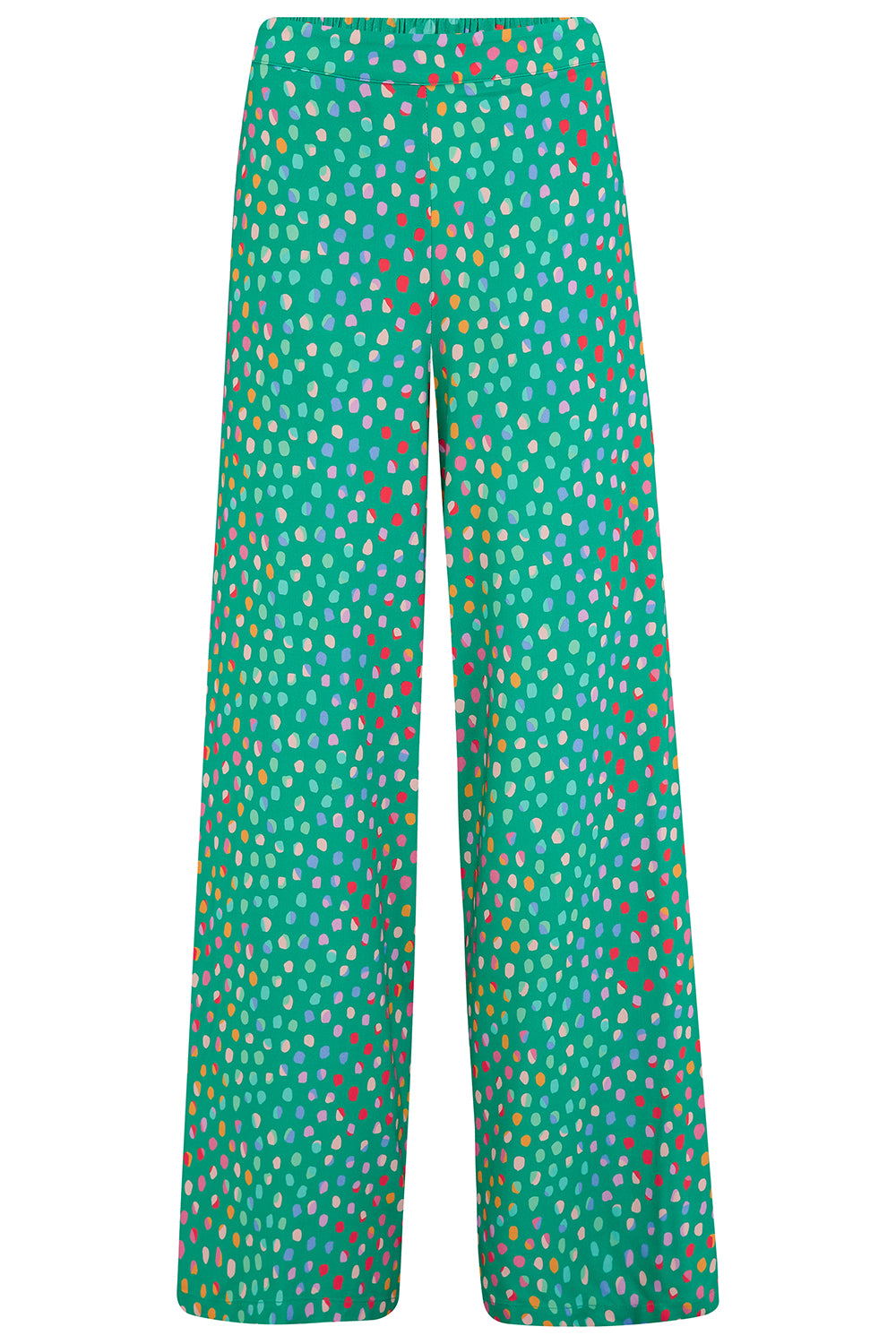 A green palazzo pants with a multicolored dot pattern