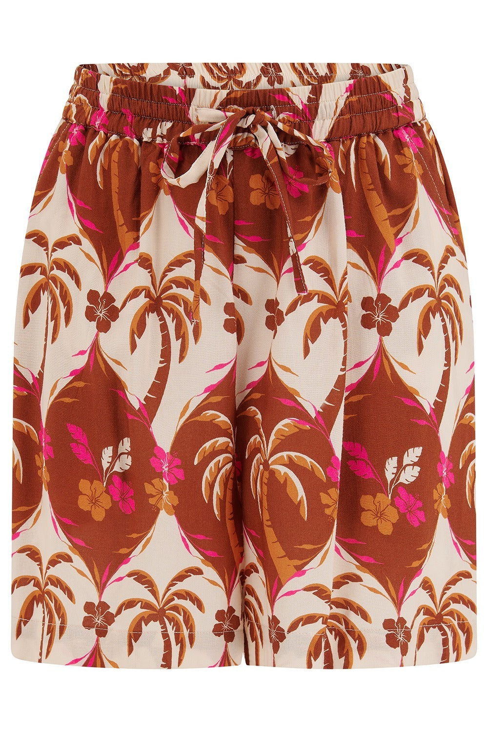 Tropical patterned shorts with palm trees and flowers on a white background