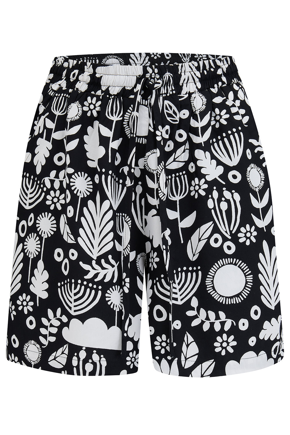 Black floral folk print and matching black and white patterned shorts with an elastic waistband and drawstring.