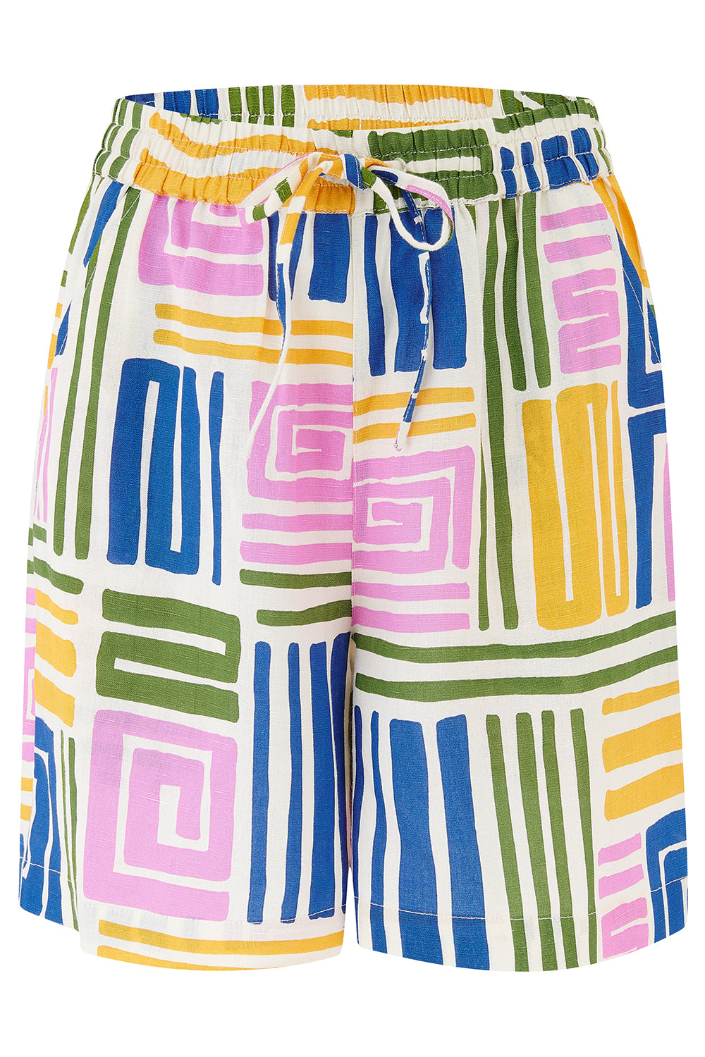 Colorful geometric patterned shorts on a white background
