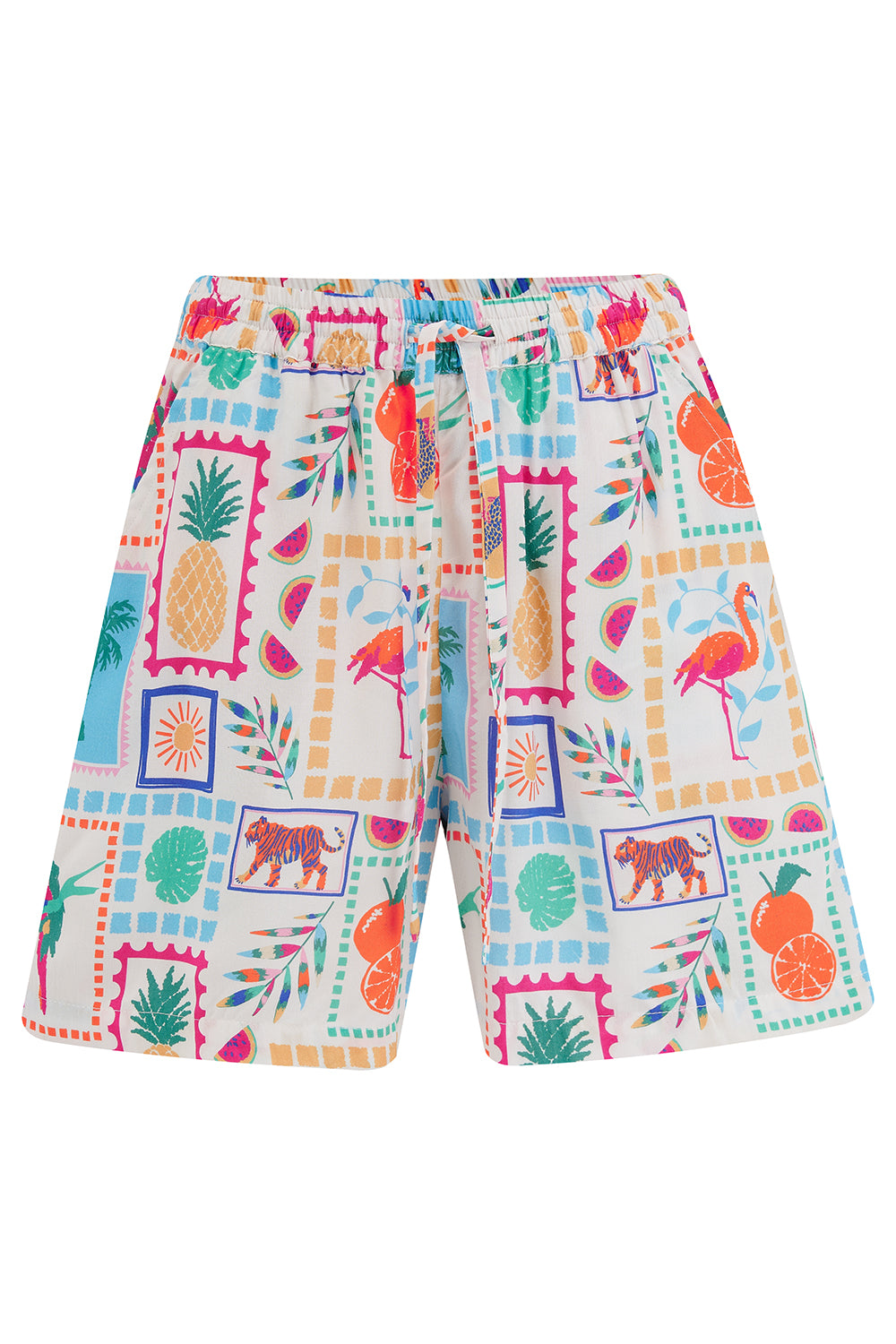 A pair of off-white shorts with a jungle animal pattern, including various colors and designs.