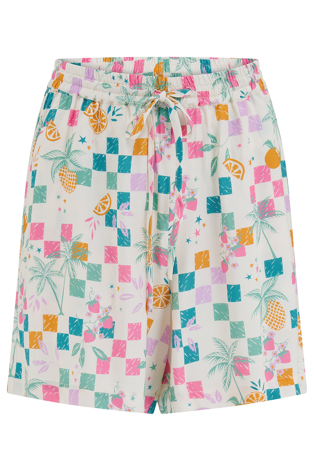 Colorful checkered shorts with tropical patterns on a white background