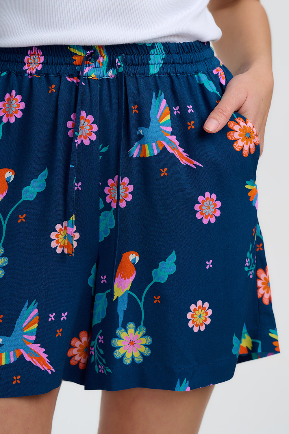 Navy blue skirt with colorful parrot and flower pattern worn by a person.