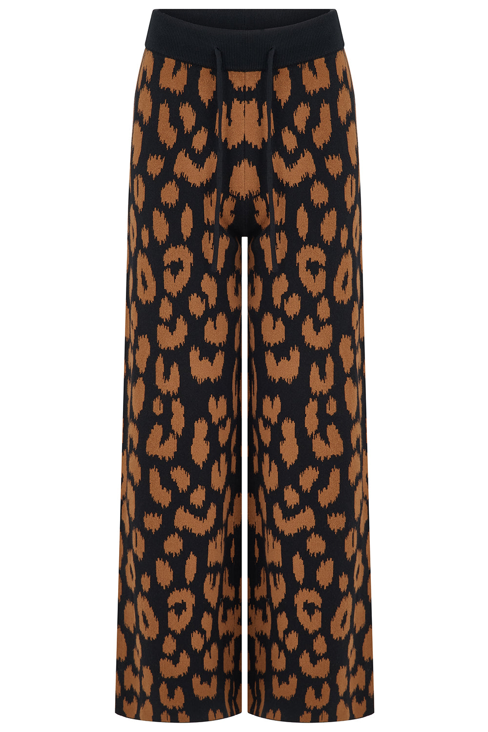 Wide-leg trousers featuring a brown and black leopard print pattern with a solid black elastic waistband and drawstring.