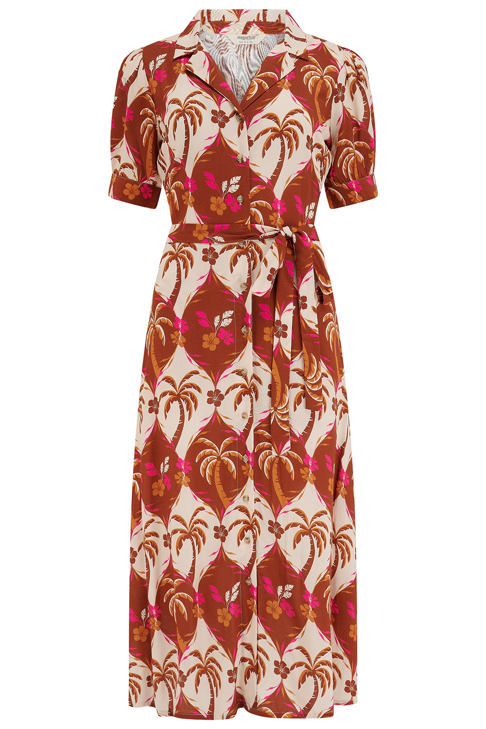 Patterned dress with palm tree design on a white background