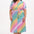 A model wearing a midi length shirt dress with a rainbow checkerboard pattern, featuring a lapel collar and puff sleeves.