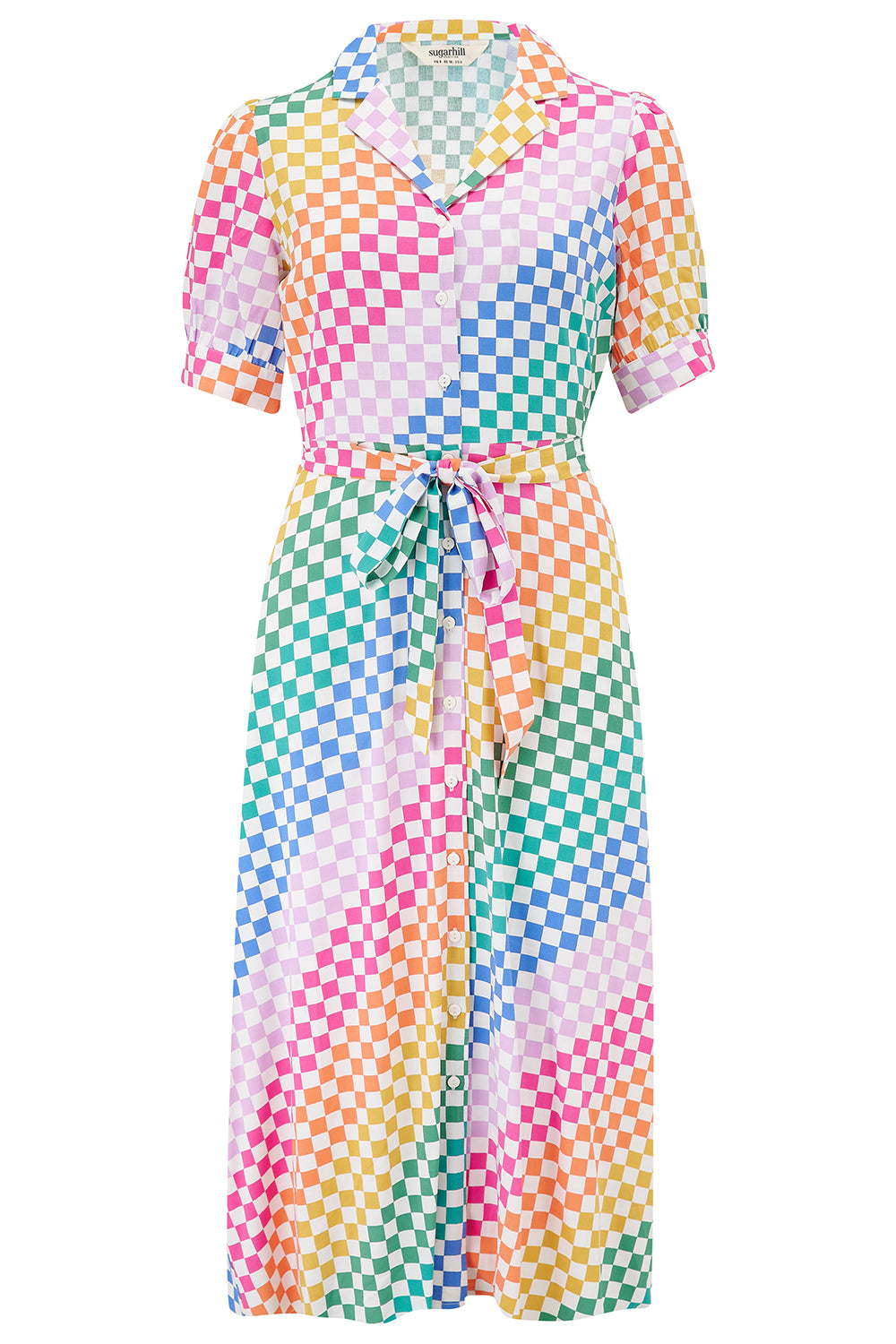 A midi length shirt dress with a rainbow checkerboard pattern, featuring a lapel collar and puff sleeves.