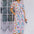 A model wearing an off-white midi-length shirt dress with a Jungle Tile print, featuring colorful tropical wildlife, fruit, and plants. The dress has a button placket, puff sleeves, and a tie waist.