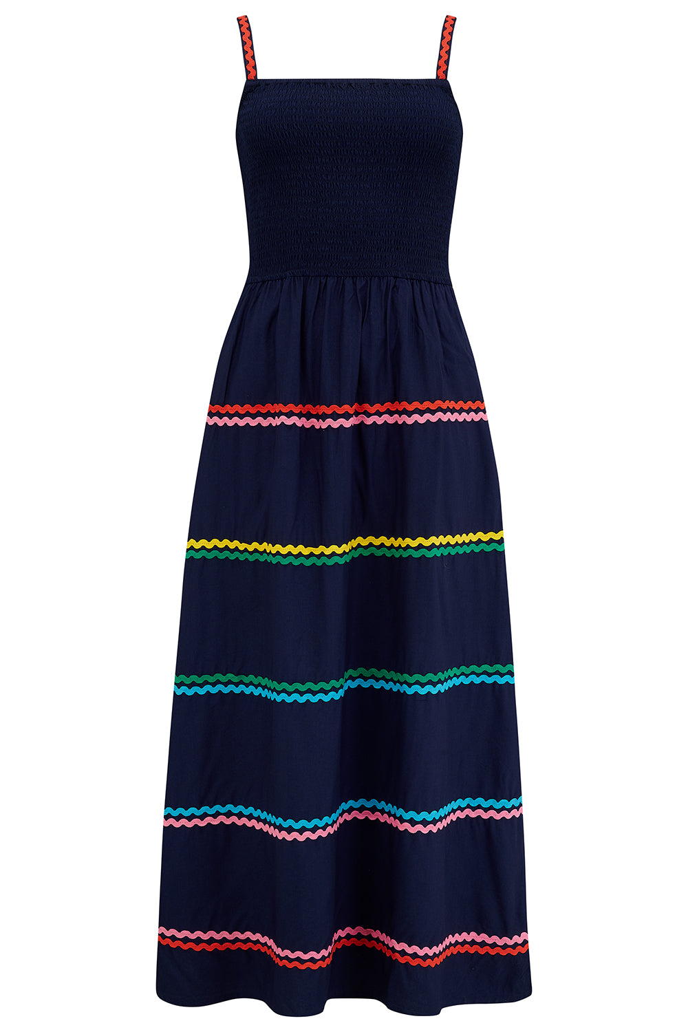 A navy sundress with rainbow-colored Ric Rac embellishments on the hem and shoulder straps