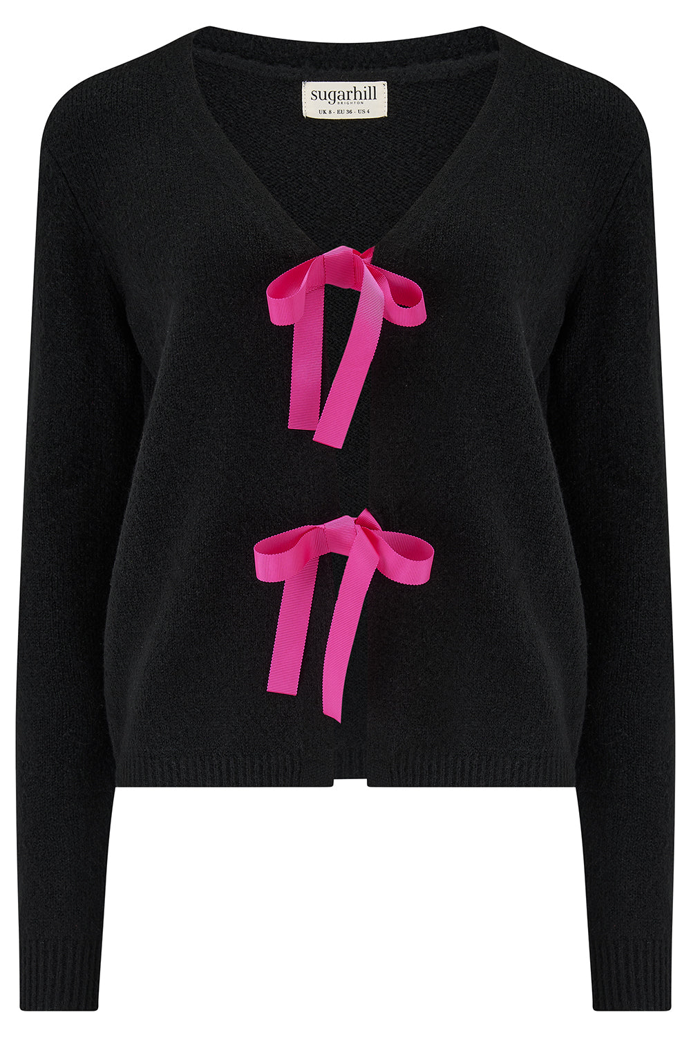 Black sweater with pink bows on a white background