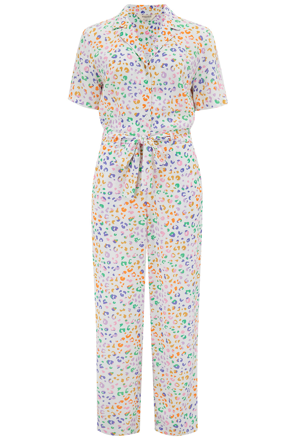 An off-white jumpsuit with a mottled leopard print design, featuring short sleeves, a revere collar, side pockets, and a tie waist.