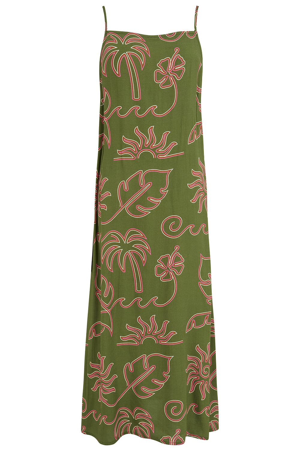 Green dress with pink leaf pattern on a white background