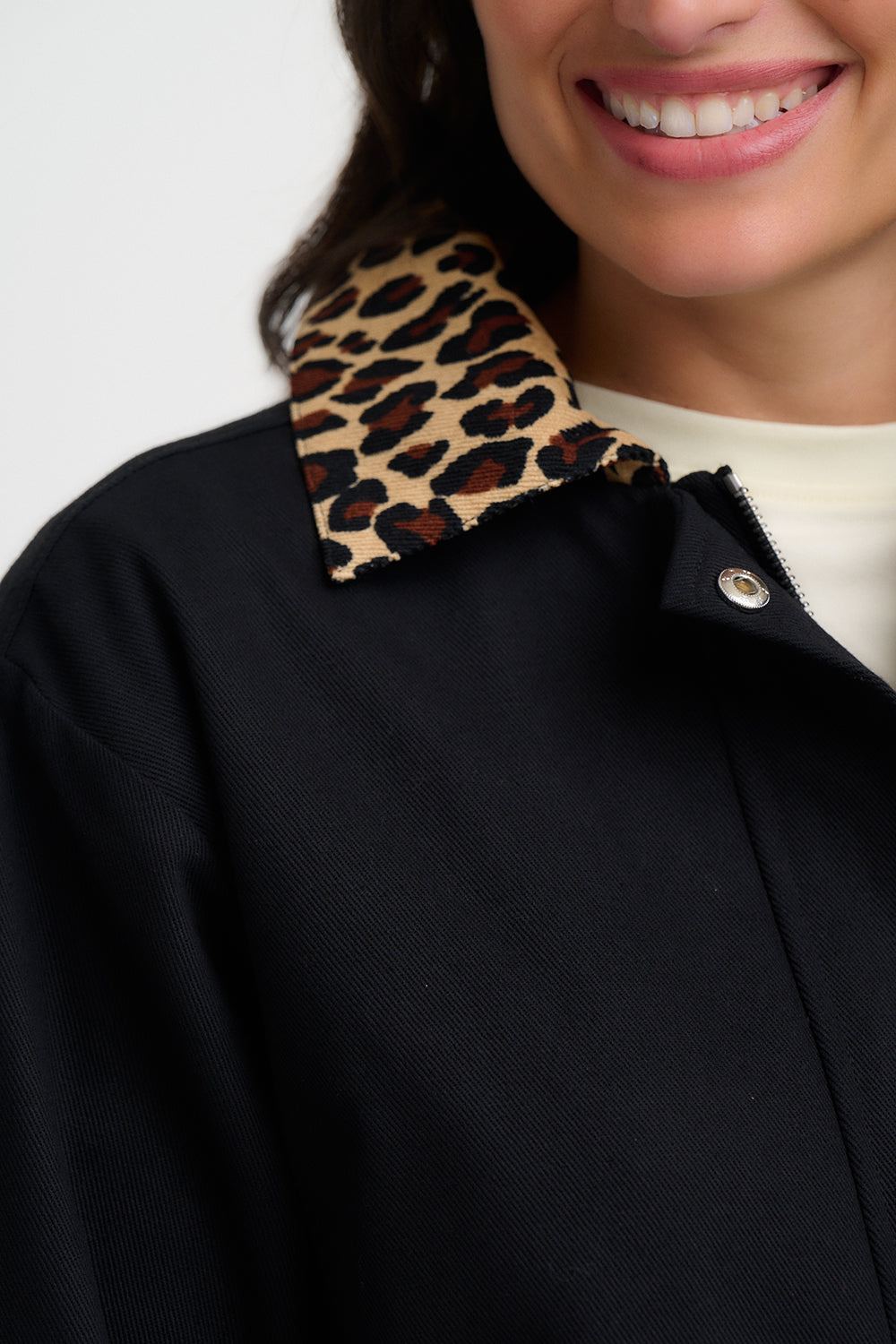 Black coat with leopard print collar worn by a person