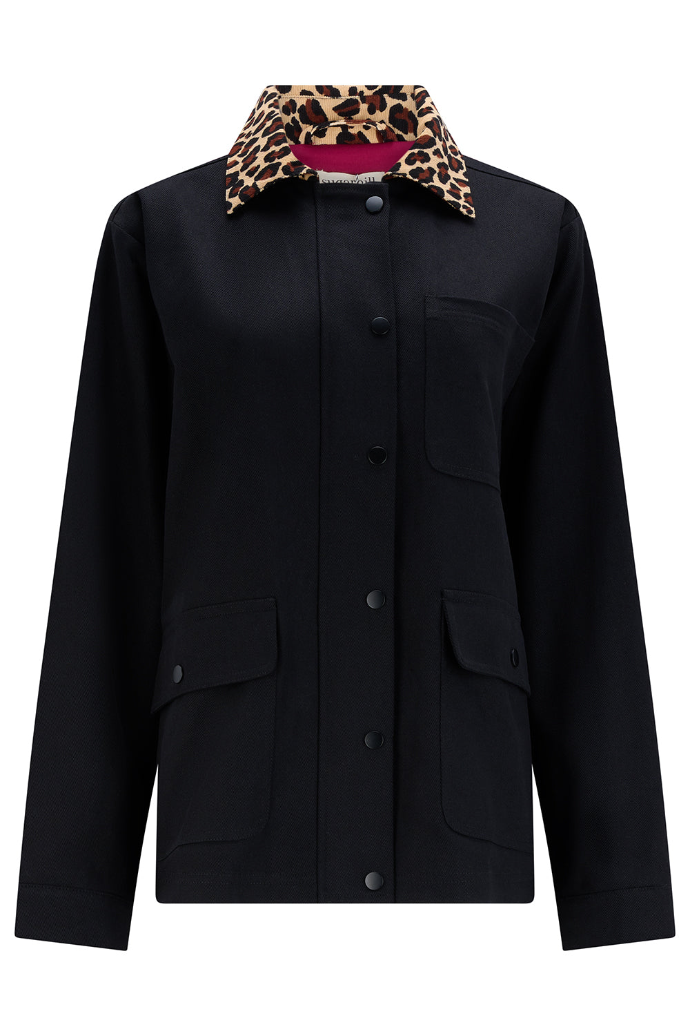 Black jacket with leopard print hood on a white background