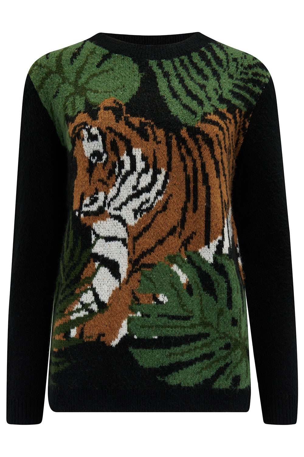 A woman  wearing a black, tiger, and palm design jumpers with a crew neck and long sleeves.