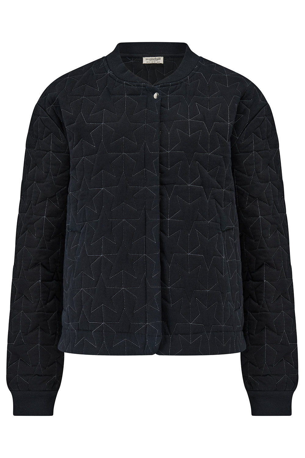 Black quilted jacket with geometric pattern on a white background