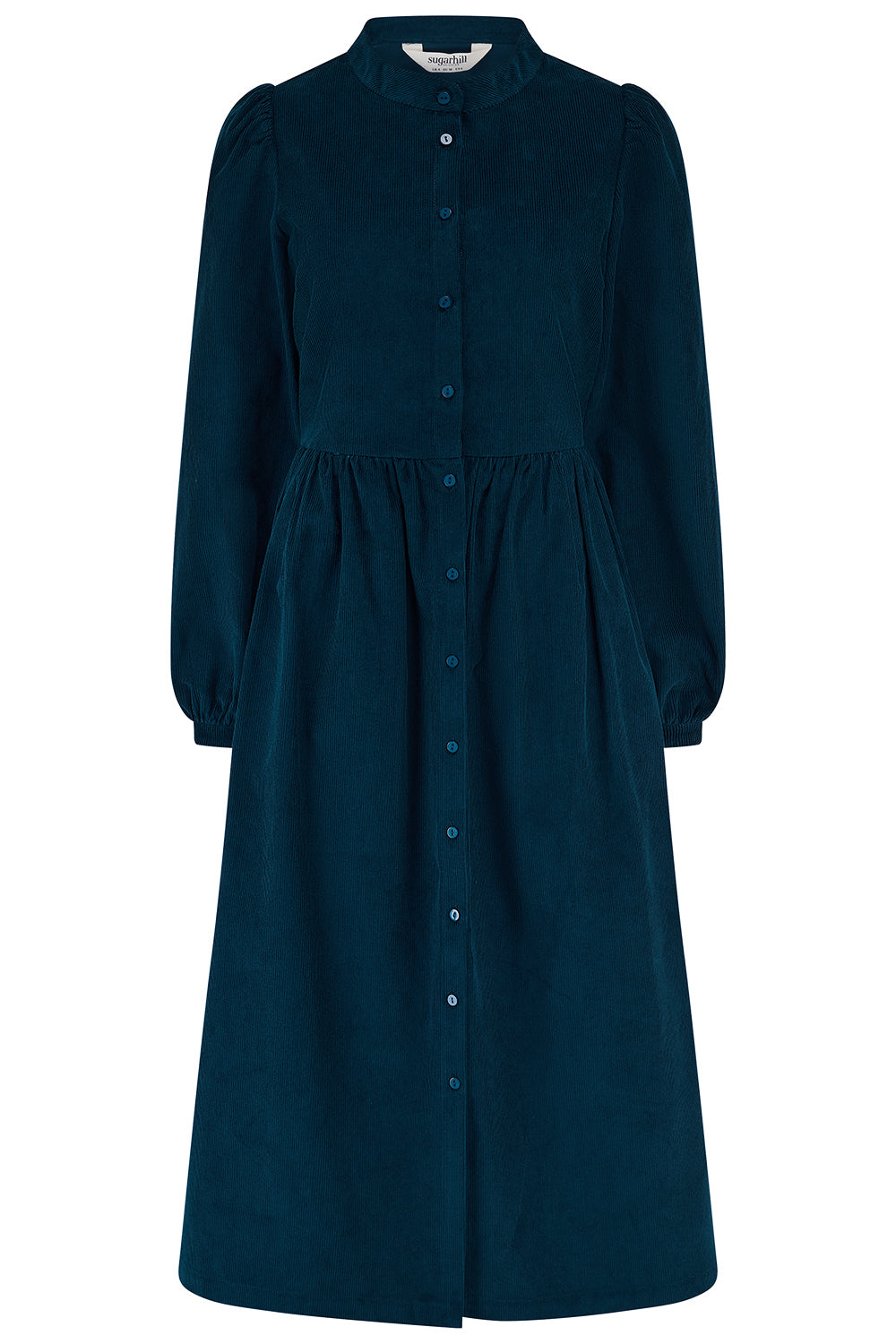 A dark teal button-up dress with a high mock neck, puffed long sleeves, and a gathered waist, shown against a plain white background.