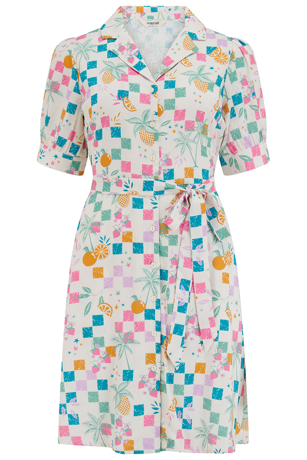 Vintage-style dress with colorful geometric and pineapple pattern on a white background