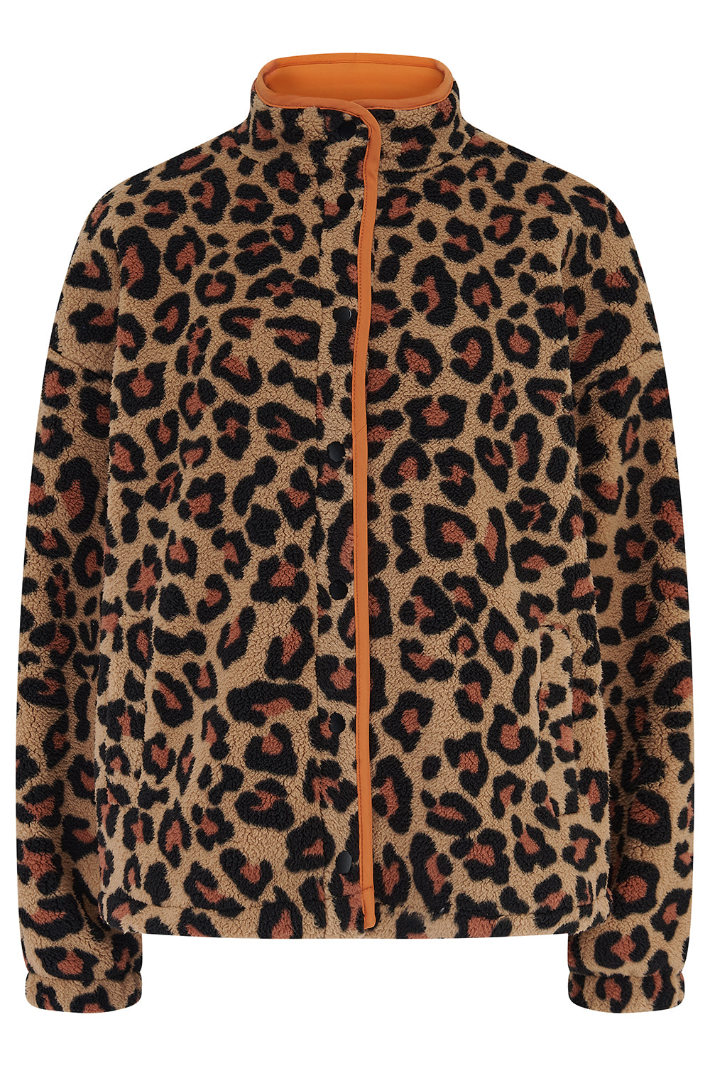 Leopard print jacket with orange zipper on a white background