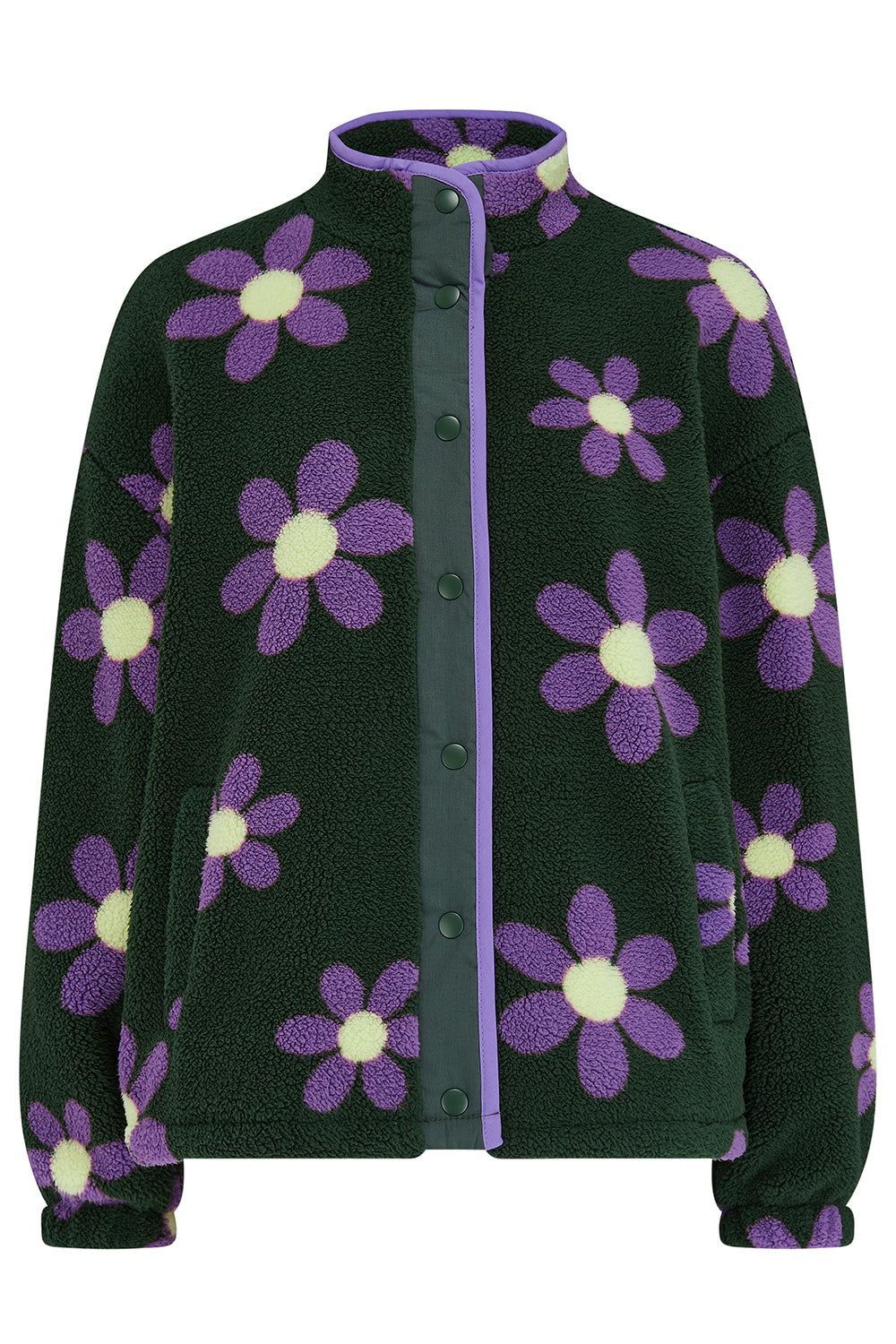 Green fleece jacket with purple flower pattern on a white background
