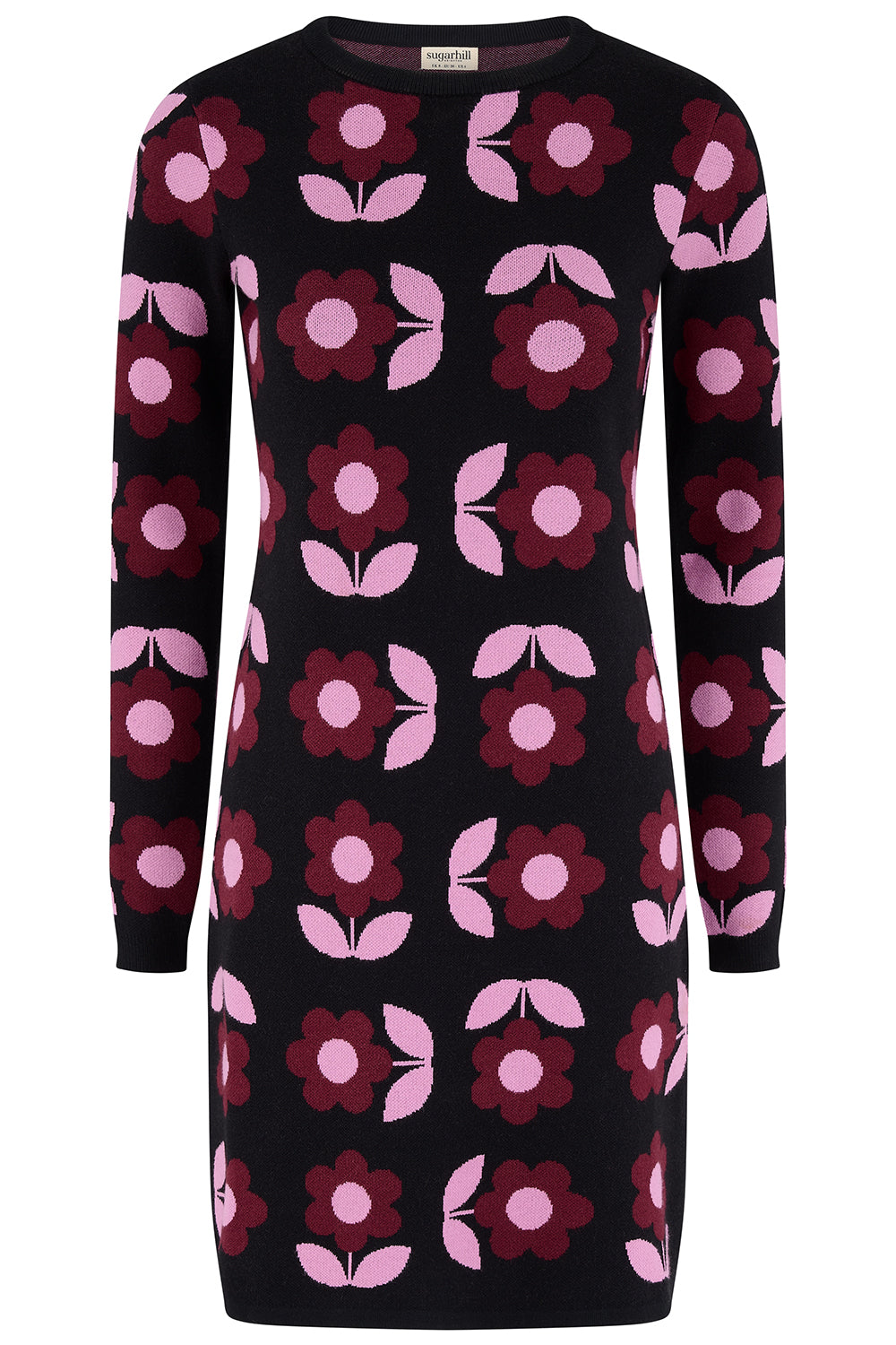 A long-sleeve knit dress with a black base and an allover floral pattern in shades of pink and burgundy, shown against a plain white background.
