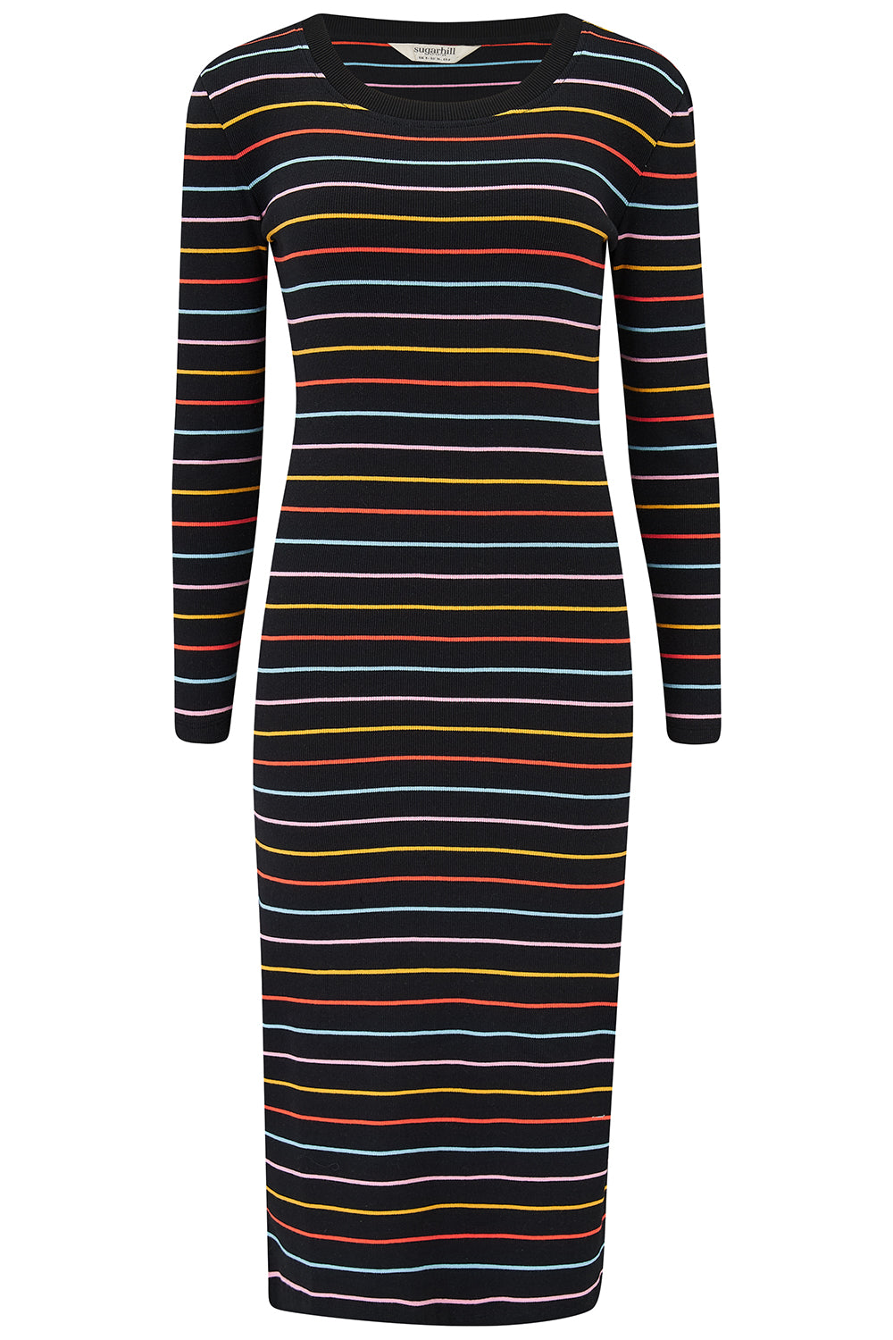 Long-sleeve dress with multicolored stripes on a white background