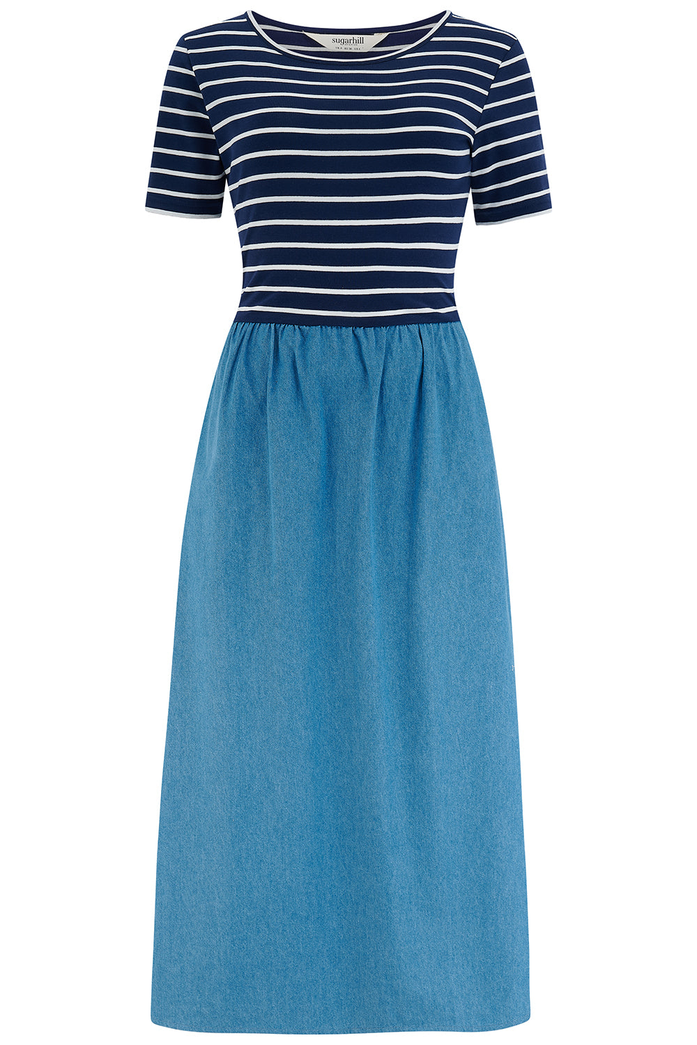 Navy and white striped dress with a blue denim skirt on a white background