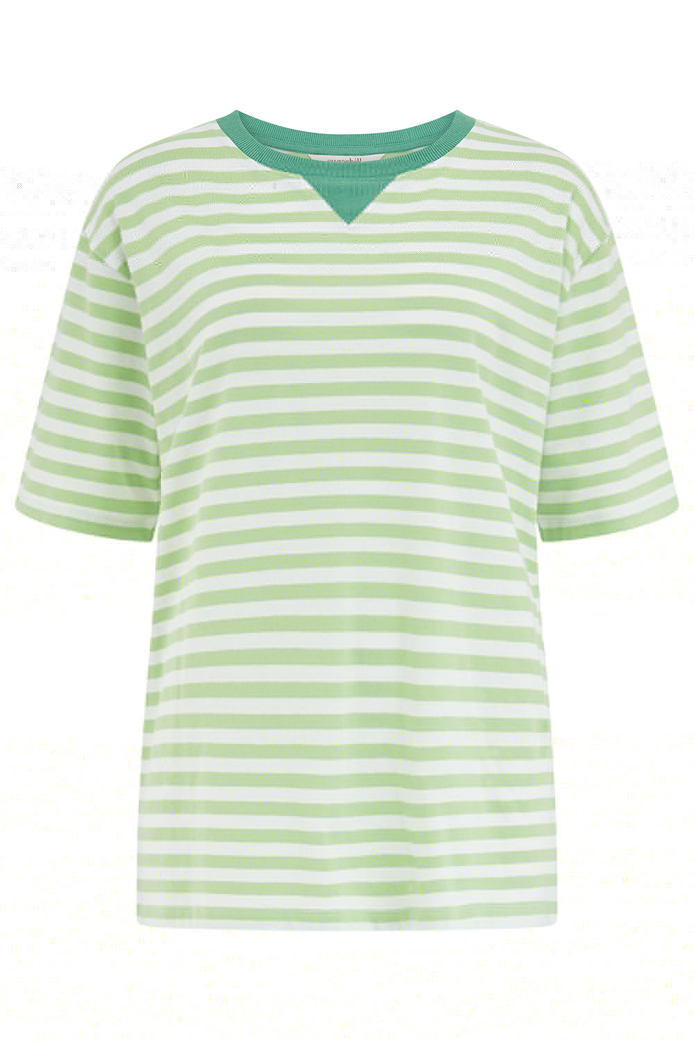 Sugarhill Brighton green and white striped t-shirt on a white background