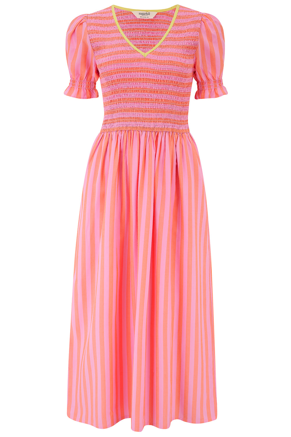 Pink and orange striped dress on a white background