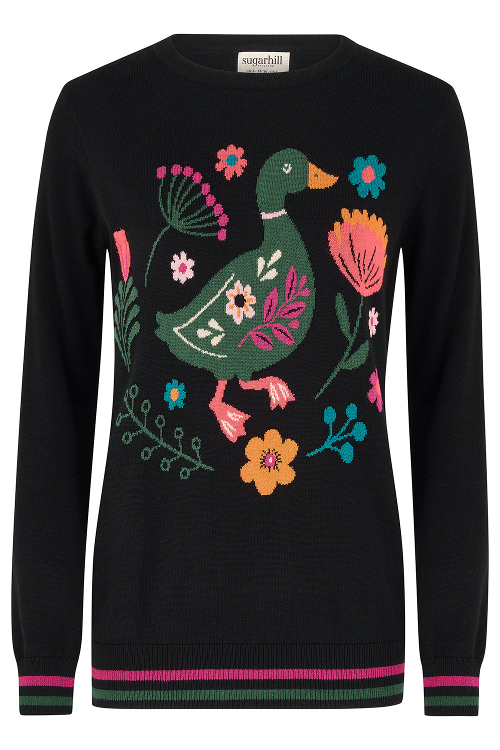 A black long-sleeve crewneck sweater featuring a colorful hand-knit design of a green duck surrounded by pink, orange, and blue flowers, with striped ribbing at the hem and cuffs.